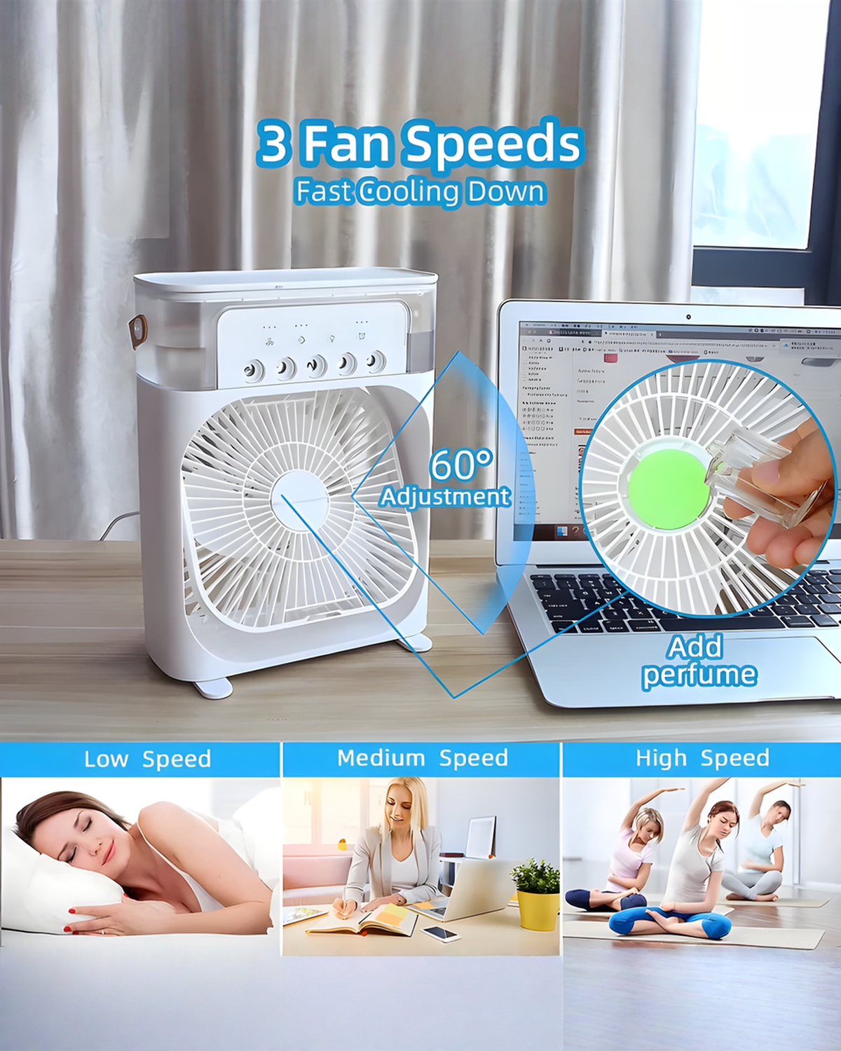 3-in-1 Ventilator met LED-licht en Luchtbevochtiger - Wit, 600ML, USB | - Maison Roze