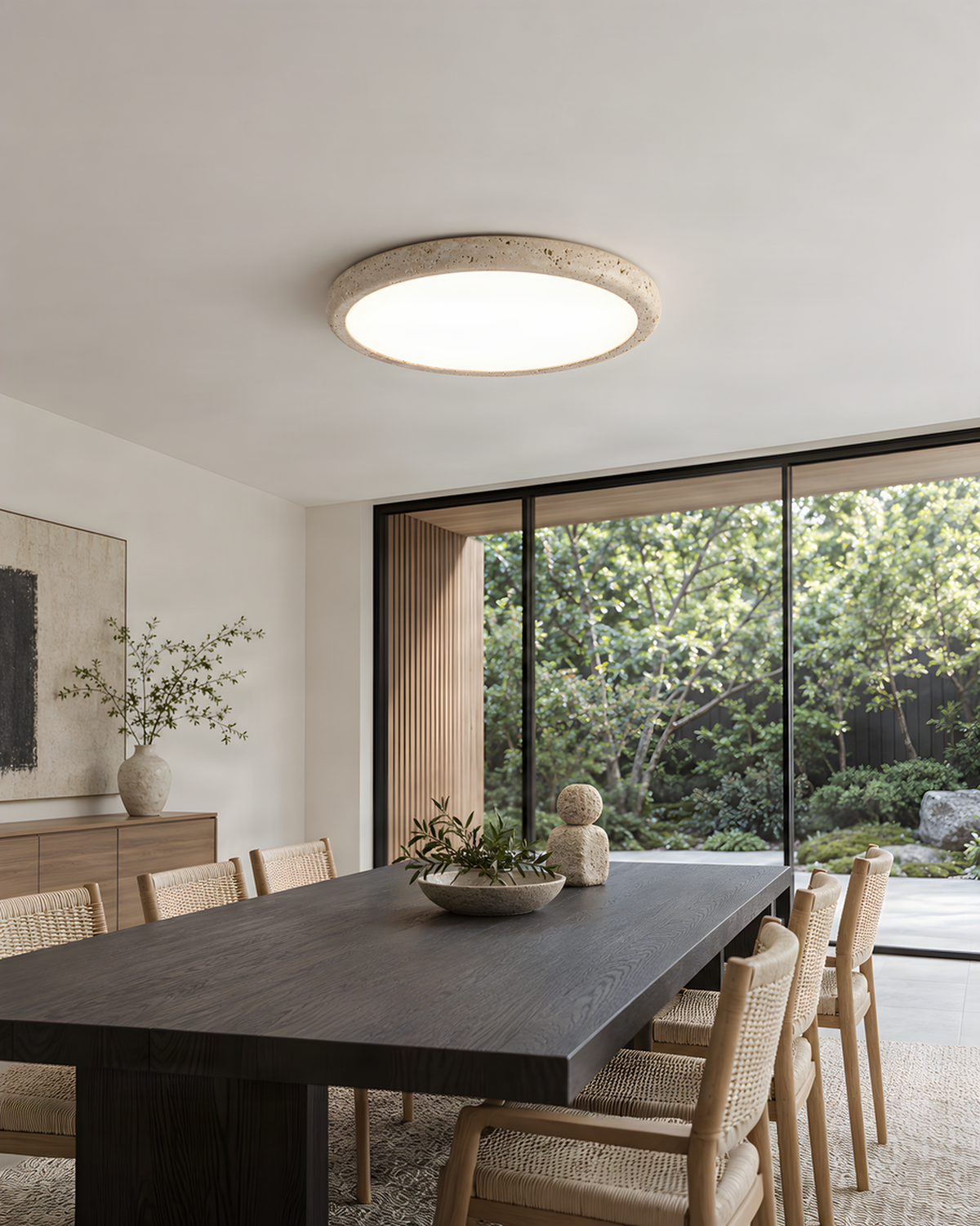 Solis Horizon - Schijfvormige travertin plafondlamp | - Maison Roze