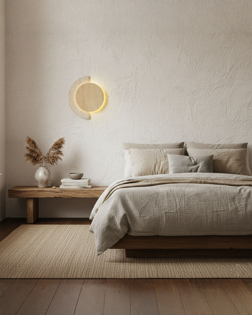 Crescent Halo - Ronde wandlamp van travertin en hout | - Maison Roze
