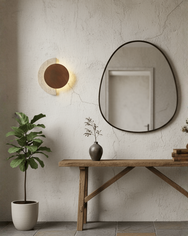 Crescent Halo - Ronde wandlamp van travertin en hout | - Maison Roze