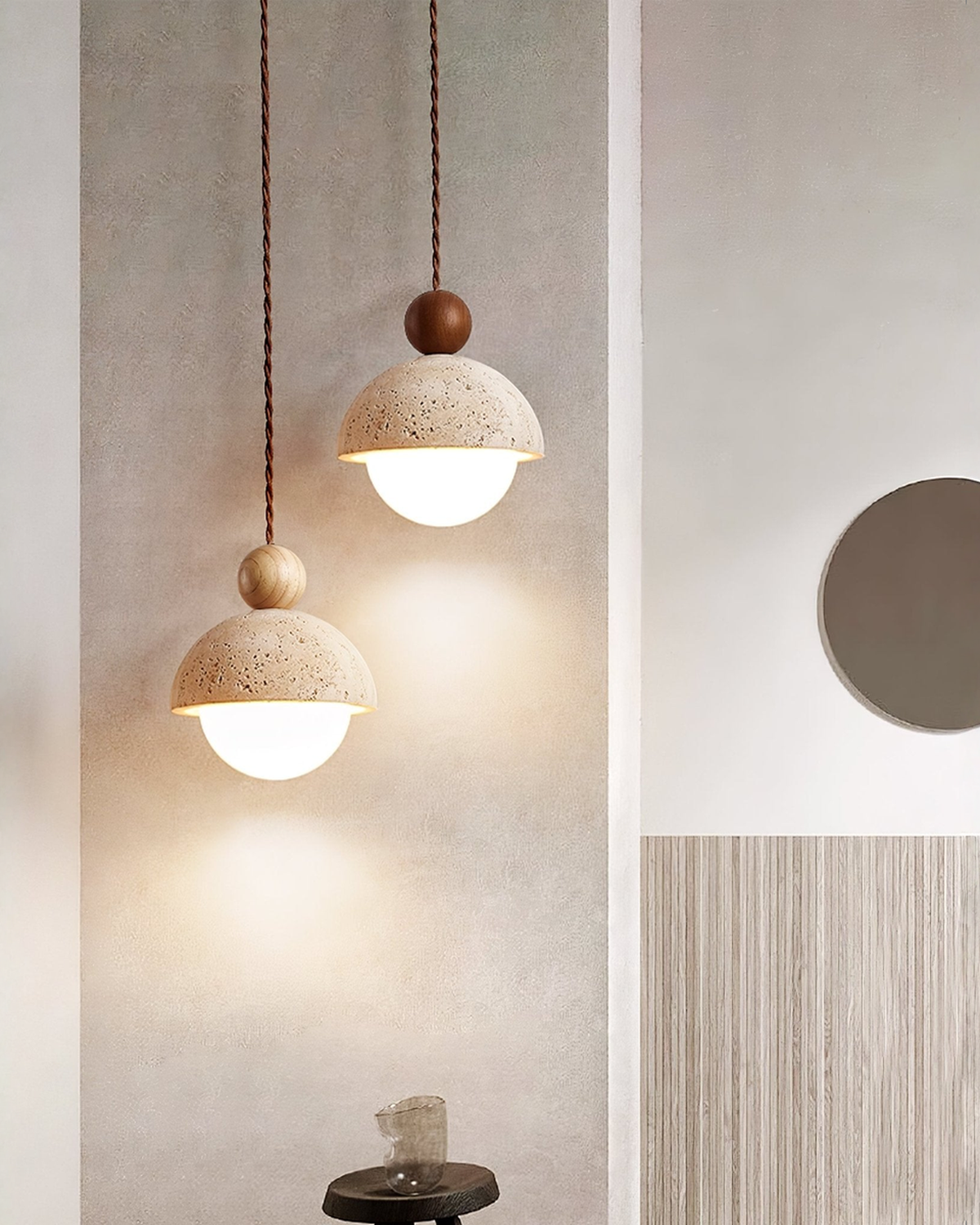 Niva - Hanglamp van travertin en hout | - Maison Roze