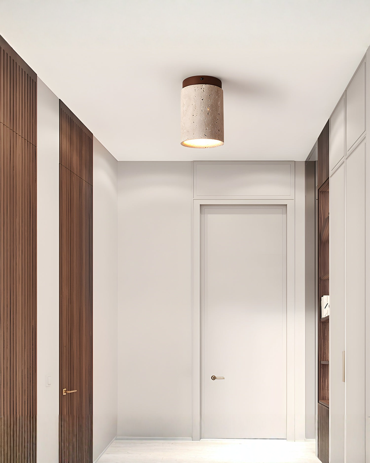 Cilindervormige plafondlamp van travertin en hout | - Maison Roze