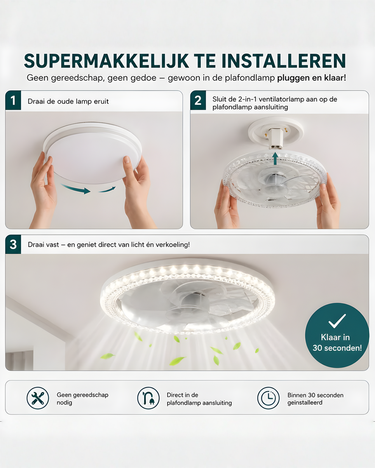 Plafondventilator met Lamp, Dimbare LED en Afstandsbediening, Wit 30cm | - Maison Roze