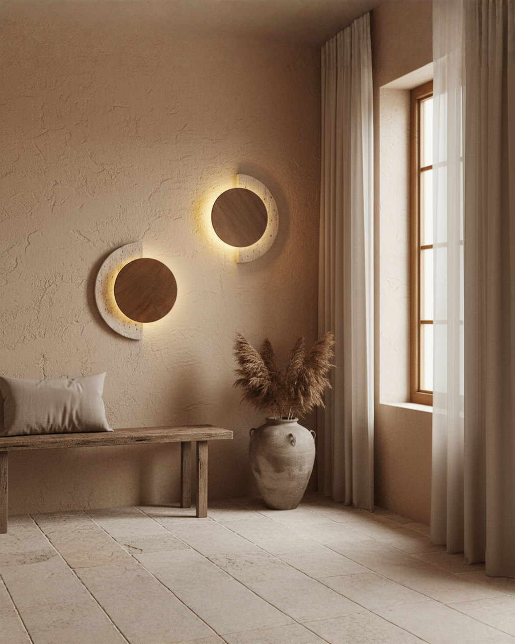 Crescent Halo - Ronde wandlamp van travertin en hout | - Maison Roze
