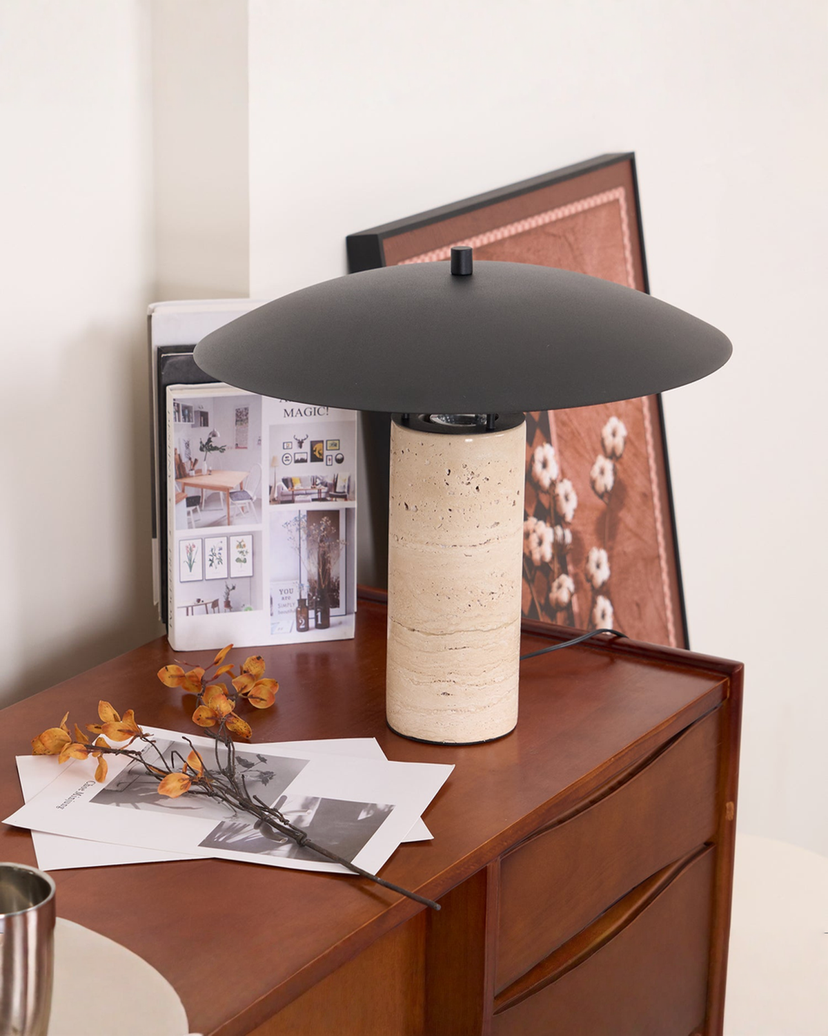 Travertin tafellamp met zwarte kap - Ø 40 cm | - Maison Roze