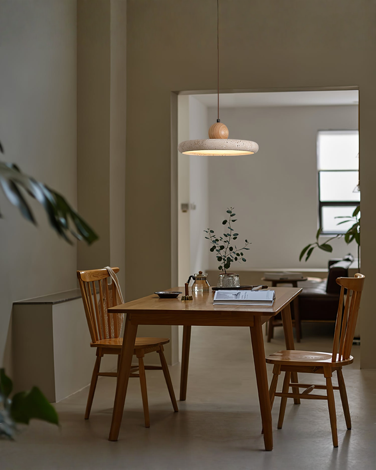 Ronde travertin hanglamp met hout - Ø 30 cm | - Maison Roze