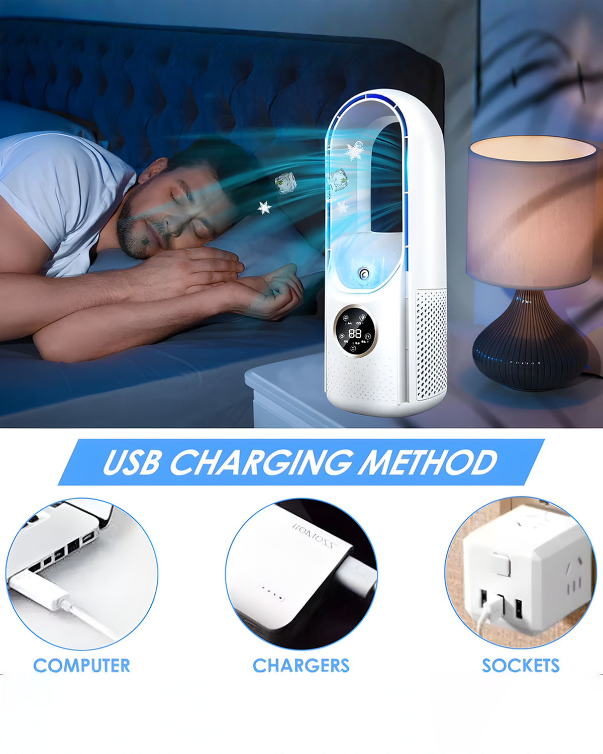 Draagbare Airco Bladeless | Stille USB Mini Airconditioner Wit/Blauw – 30 cm | - Maison Roze