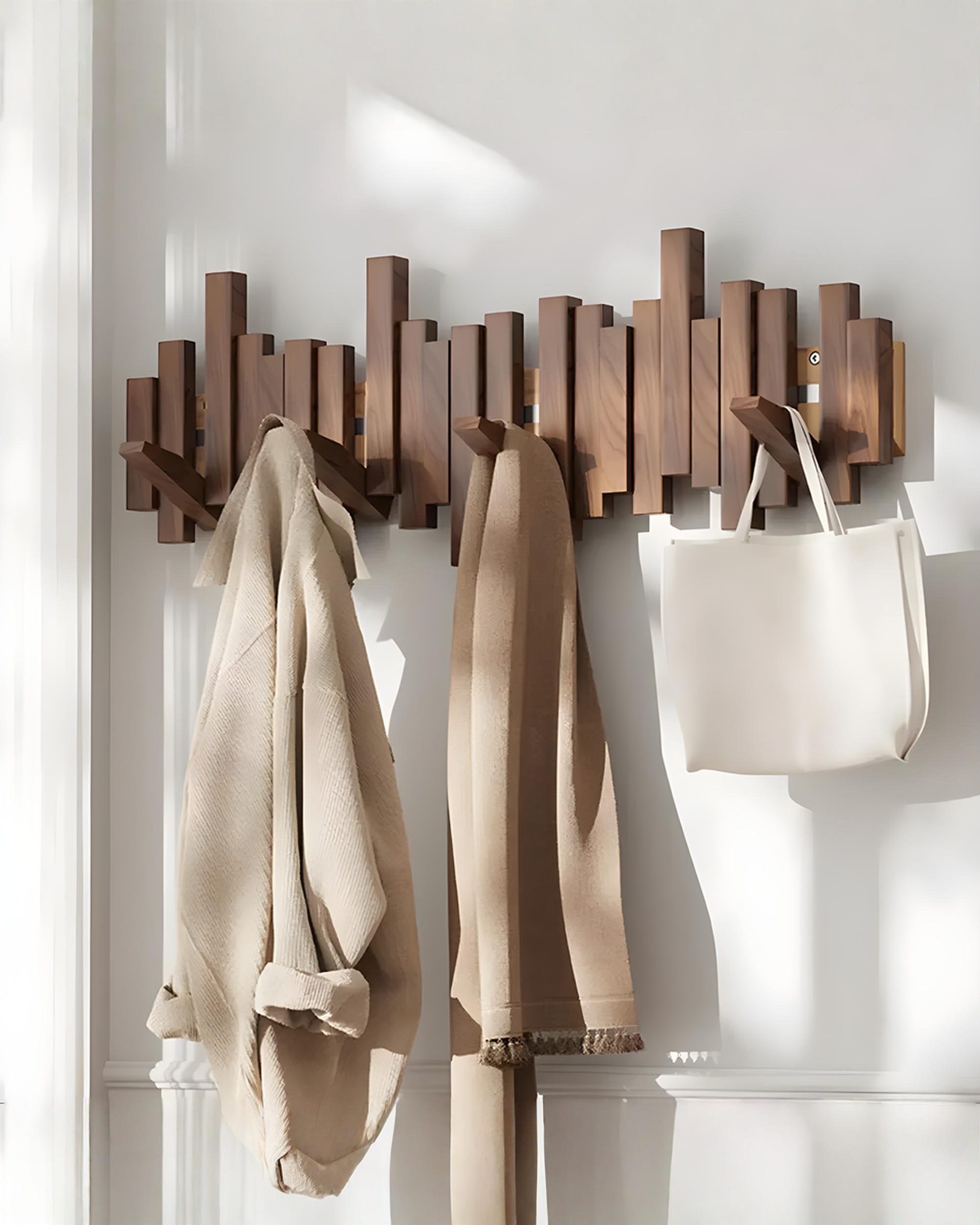 Houten wandkapstok met inklapbare magneethaken – beuken hout, 3 tot 10 haken | - Maison Roze