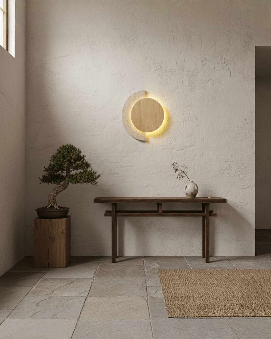 Crescent Halo - Ronde wandlamp van travertin en hout | - Maison Roze