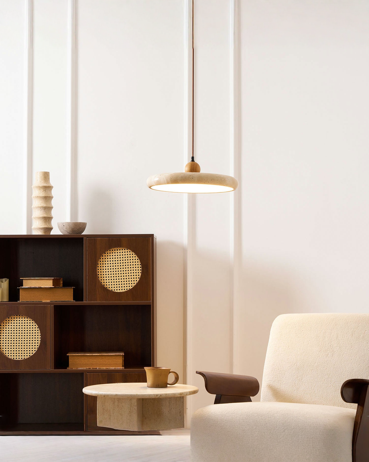 Ronde travertin hanglamp met hout - Ø 30 cm | - Maison Roze