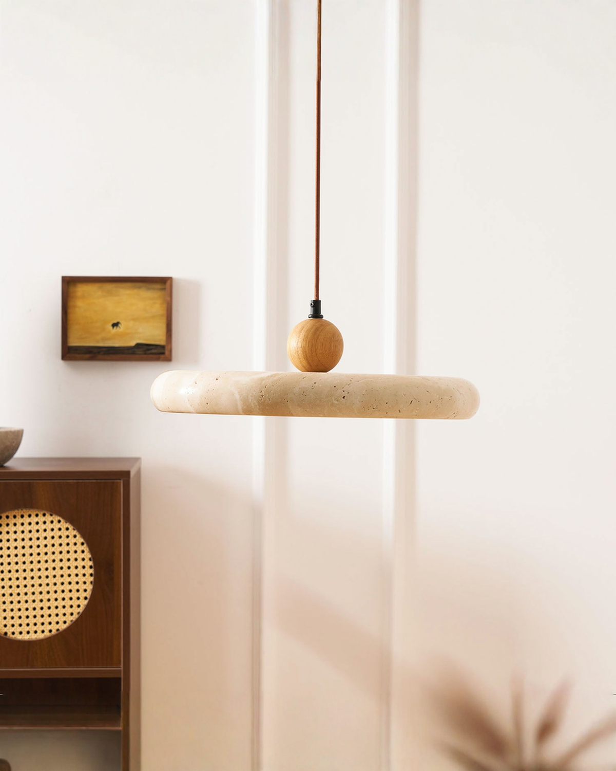 Ronde travertin hanglamp met hout - Ø 30 cm | - Maison Roze