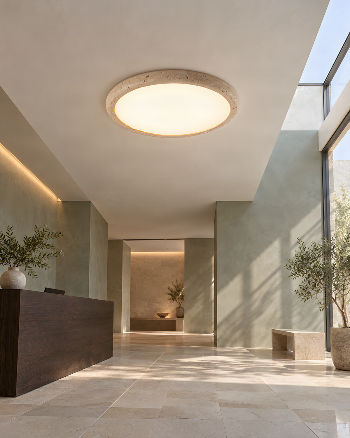 Solis Horizon - Schijfvormige travertin plafondlamp | - Maison Roze