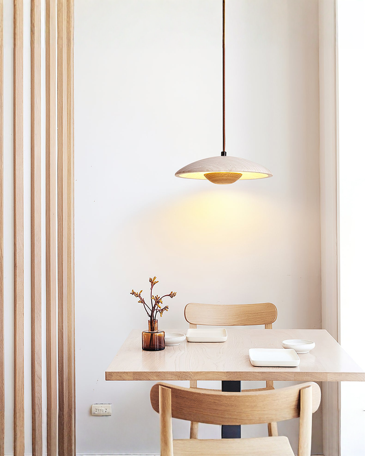 Ronde hanglamp van hout en travertin - Ø 25 cm | - Maison Roze