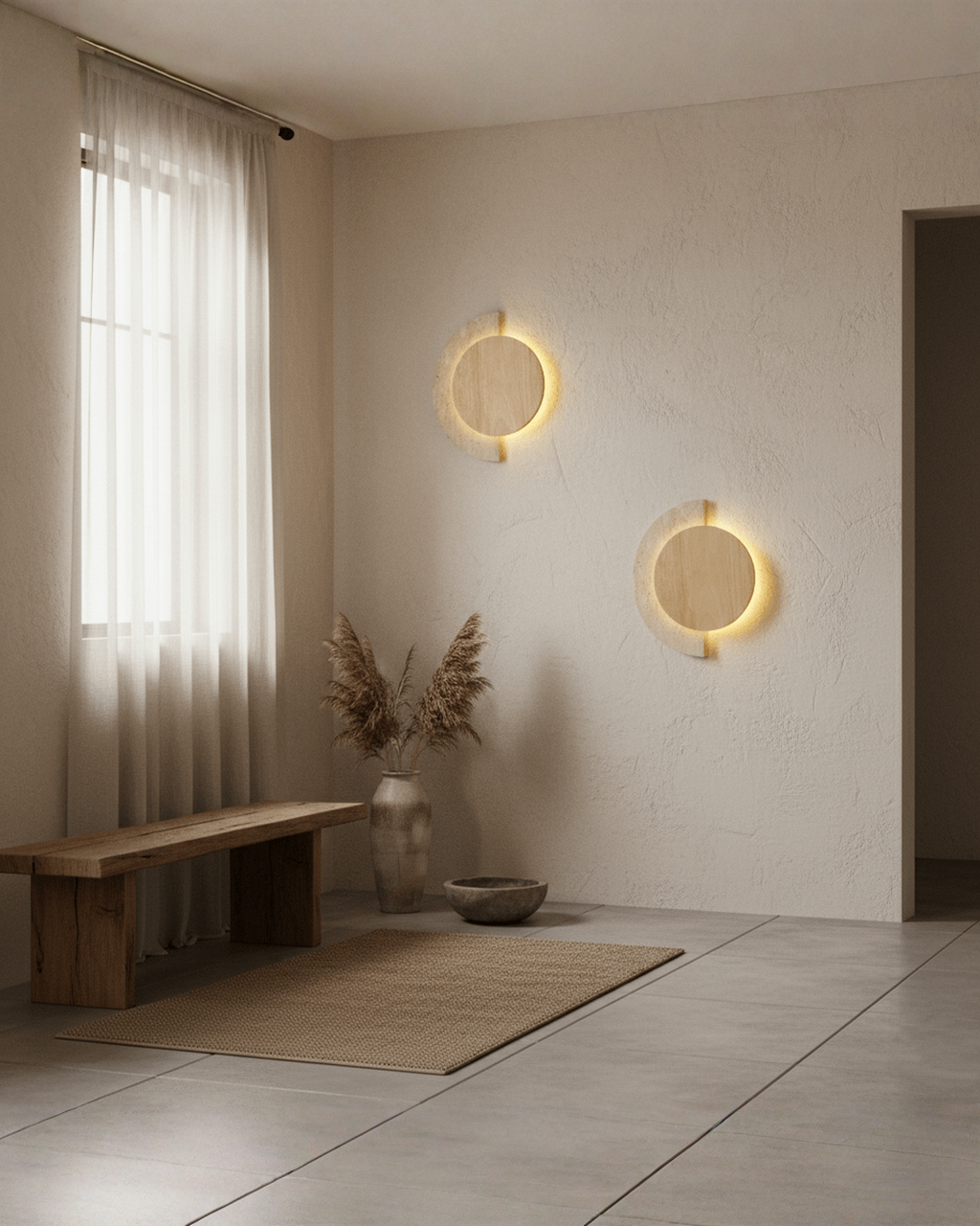 Crescent Halo - Ronde wandlamp van travertin en hout | - Maison Roze